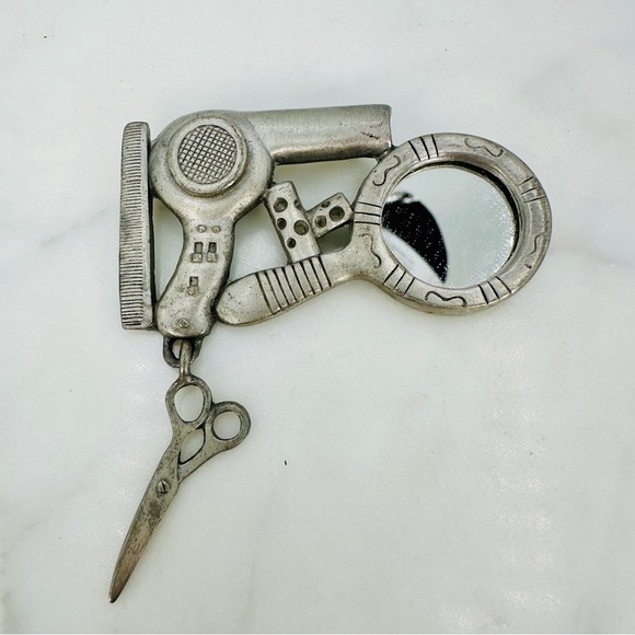 Vintage Pewter Brooch Lot Salon Manicure Nail Spoontiques JJ Blow Dryer Scissor - Picture 5 of 10